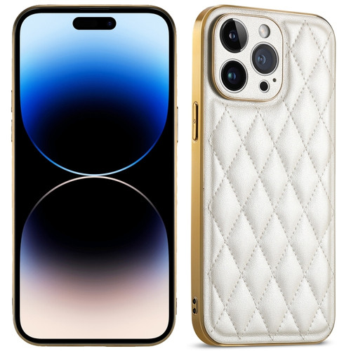 iPhone 14 Pro Max Suteni Electroplated Rhombus Grid Leather Soft TPU Phone Case - White