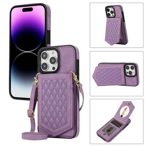 iPhone 14 Pro Max Rhombic Texture RFID Phone Case with Lanyard & Mirror - Purple