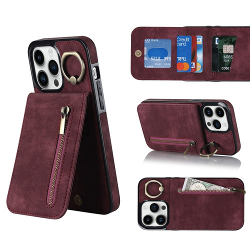 iPhone 14 Pro Max Retro Ring and Zipper RFID Card Slot Phone Case - Wine Red