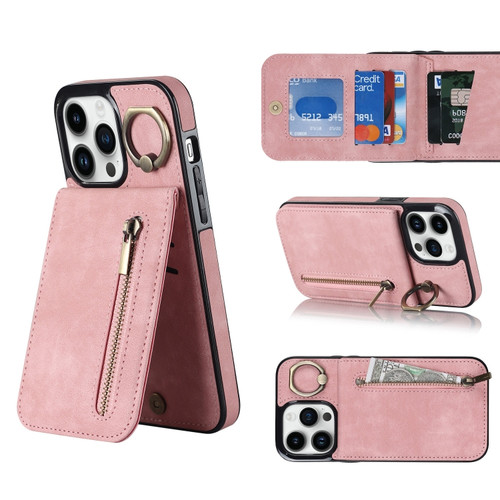 iPhone 14 Pro Max Retro Ring and Zipper RFID Card Slot Phone Case - Pink
