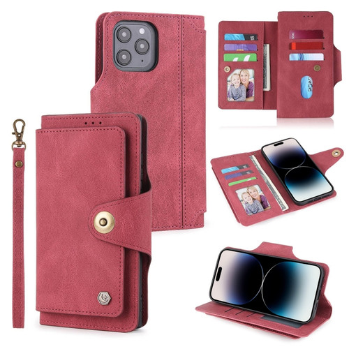 iPhone 14 Pro Max POLA 9 Card-slot Oil Side Leather Phone Case  - Red