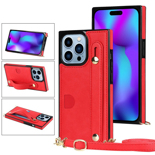 iPhone 14 Pro Max Crossbody Wrist Strap Card Holder Phone Case - Red