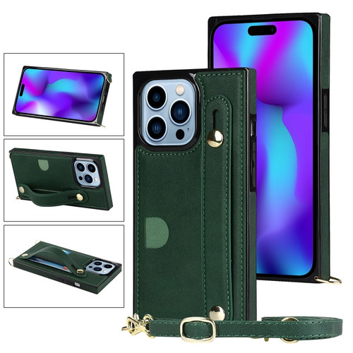 iPhone 14 Pro Max Crossbody Wrist Strap Card Holder Phone Case - Green