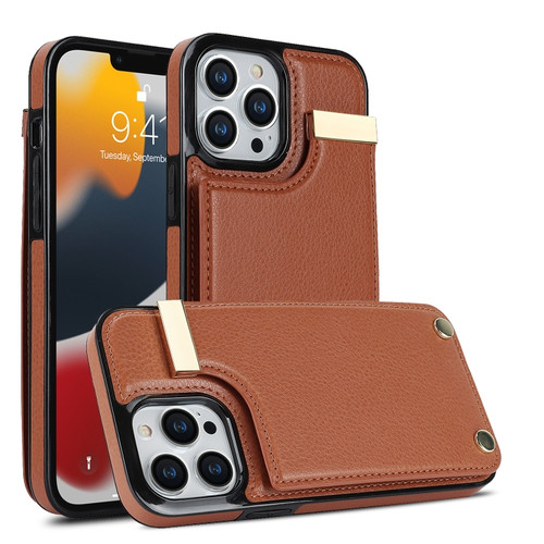 iPhone 14 Pro Max Metal Buckle Card Slots Phone Case - Brown