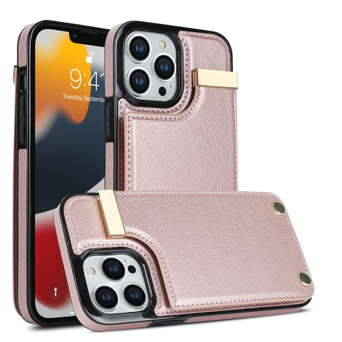 iPhone 14 Pro Max Metal Buckle Card Slots Phone Case - Rose Gold