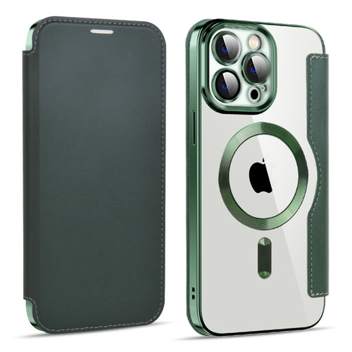 iPhone 14 Pro Max MagSafe Magnetic RFID Anti-theft Leather Phone Case - Dark Green