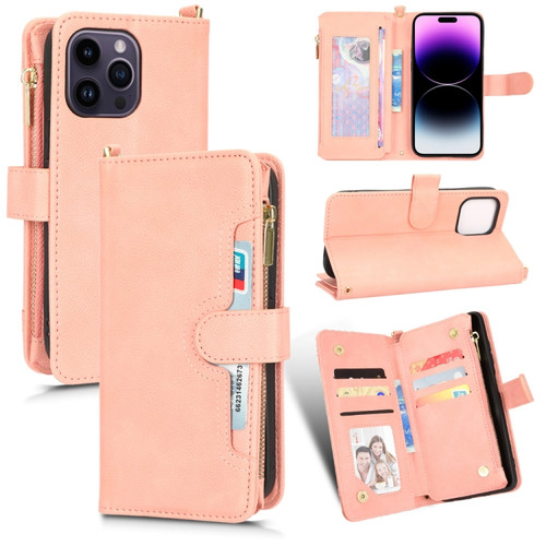 iPhone 14 Pro Max Litchi Texture Zipper Leather Phone Case - Pink