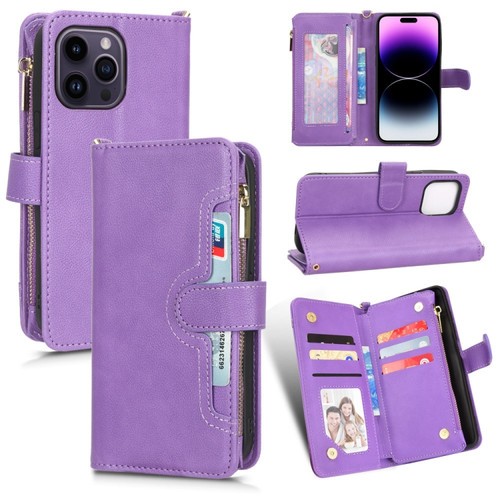 iPhone 14 Pro Max Litchi Texture Zipper Leather Phone Case - Purple