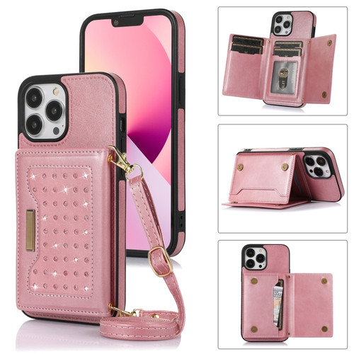 iPhone 14 Pro Max Three-fold RFID Leather Phone Case with Lanyard - Rose Gold