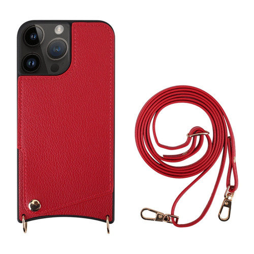 iPhone 14 Pro Max Fish Tail Card Slot PU + TPU Phone Case with Long Lanyard - Red