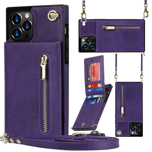 iPhone 14 Pro Max Cross-body Zipper Square Phone Case with Holder  - Purple