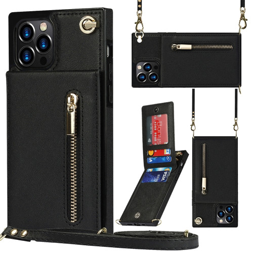 iPhone 14 Pro Max Cross-body Zipper Square Phone Case with Holder  - Black