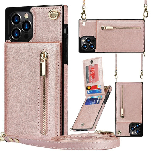 iPhone 14 Pro Max Cross-body Zipper Square Phone Case with Holder  - Rose Gold