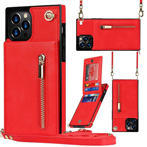 iPhone 14 Pro Max Cross-body Zipper Square Phone Case with Holder  - Red