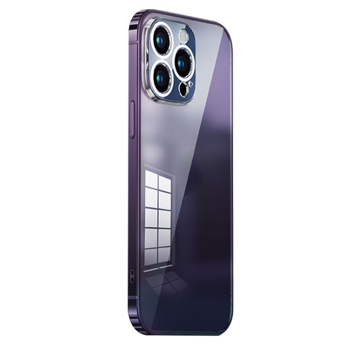iPhone 14 Pro Max Stainless Steel Frame Transparent TPU Phone Case - Dark Purple