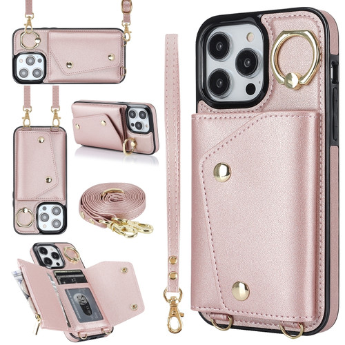 iPhone 14 Pro Max Zipper Card Bag Phone Case with Dual Lanyard - Rose Gold