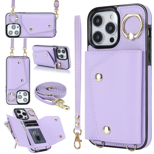 iPhone 14 Pro Max Zipper Card Bag Phone Case with Dual Lanyard - Purple