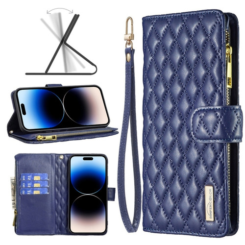 iPhone 14 Pro Max Diamond Lattice Zipper Wallet Leather Flip Phone Case  - Blue