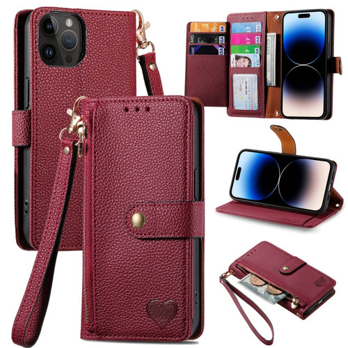 iPhone 14 Pro Max Love Zipper Lanyard Leather Phone Case - Red