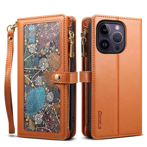 iPhone 14 Pro Max ESEBLE Star Series Lanyard Zipper Wallet RFID Leather Case - Brown