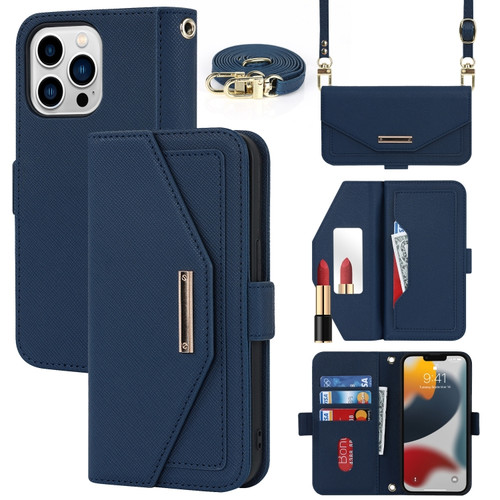 iPhone 14 Pro Max Cross Texture Lanyard Leather Phone Case - Blue