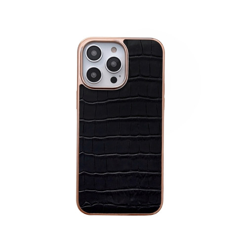 iPhone 14 Pro Max Nano Electroplating Crocodile Texture Genuine Leather Phone Case - Black