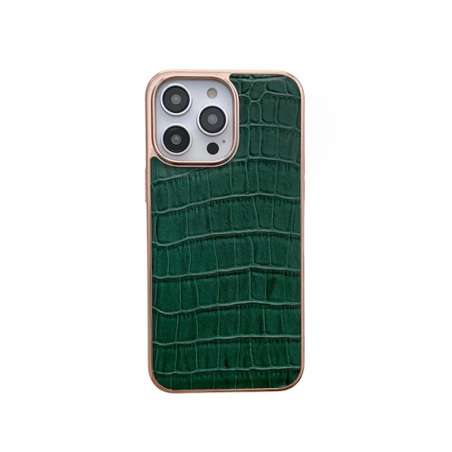 iPhone 14 Pro Max Nano Electroplating Crocodile Texture Genuine Leather Phone Case - Green