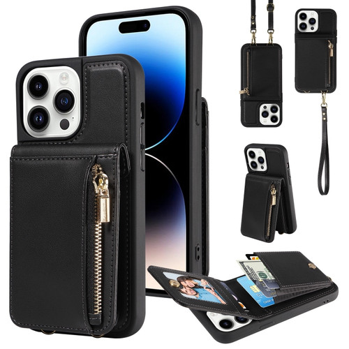 iPhone 14 Pro Max Crossbody Lanyard Zipper Wallet Leather Phone Case - Black