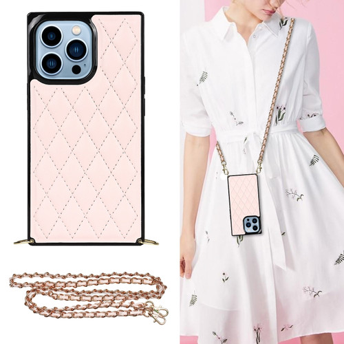 iPhone 14 Pro Max Crossbody Rhombic Microfiber Leather Phone Case - Pink