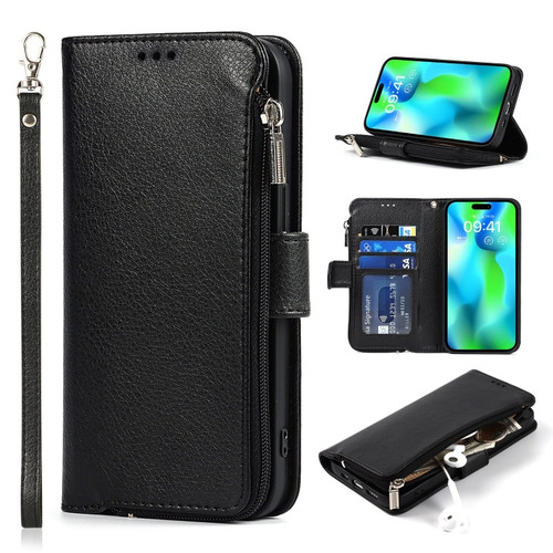 iPhone 14 Pro Max Microfiber Zipper Leather Phone Case - Black