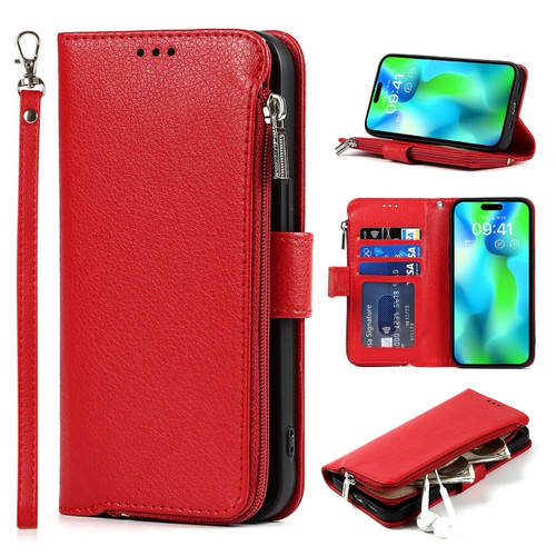 iPhone 14 Pro Max Microfiber Zipper Leather Phone Case - Red
