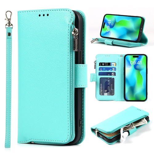 iPhone 14 Pro Max Microfiber Zipper Leather Phone Case - Mint Green