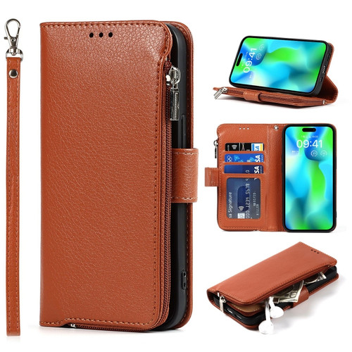 iPhone 14 Pro Max Microfiber Zipper Leather Phone Case - Brown