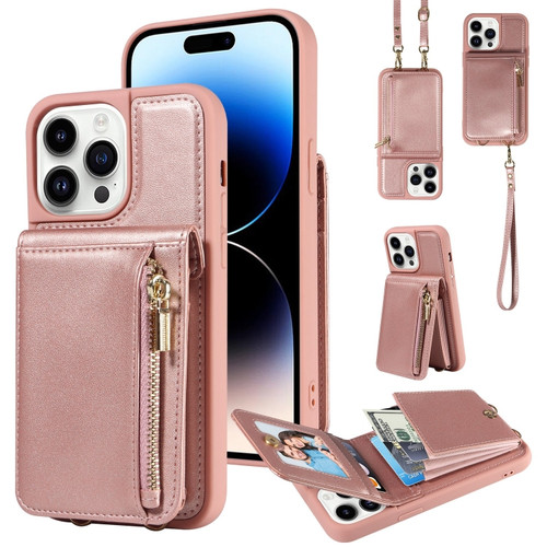 iPhone 14 Pro Max Crossbody Lanyard Zipper Wallet Leather Phone Case - Rose Gold