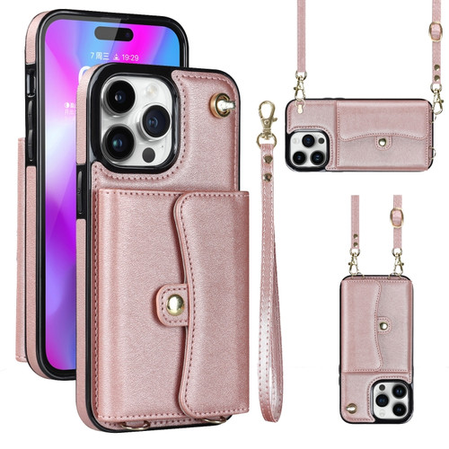 iPhone 14 Pro Max RFID Card Slot Phone Case with Long Lanyard - Rose Gold