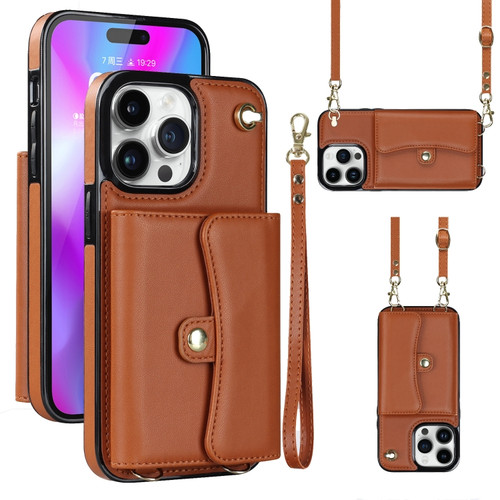 iPhone 14 Pro Max RFID Card Slot Phone Case with Long Lanyard - Brown