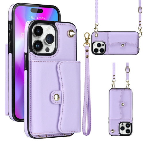 iPhone 14 Pro Max RFID Card Slot Phone Case with Long Lanyard - Purple