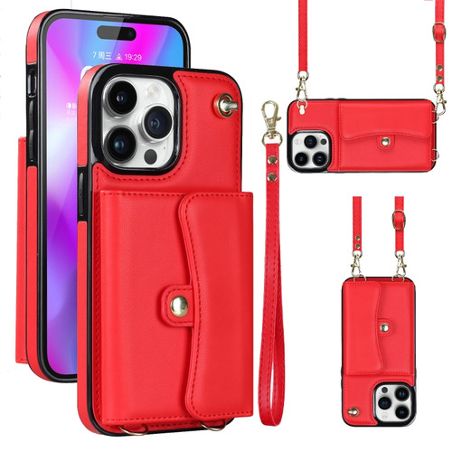 iPhone 14 Pro Max RFID Card Slot Phone Case with Long Lanyard - Red