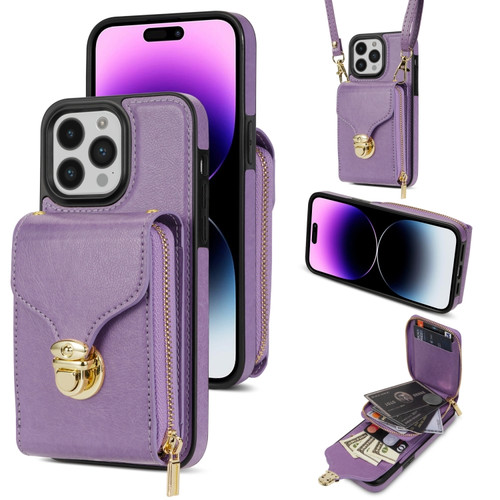 iPhone 14 Pro Max Zipper Hardware Card Wallet Phone Case - Purple