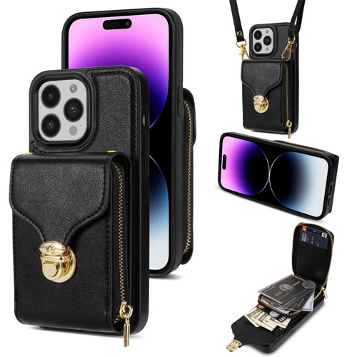 iPhone 14 Pro Max Zipper Hardware Card Wallet Phone Case - Black