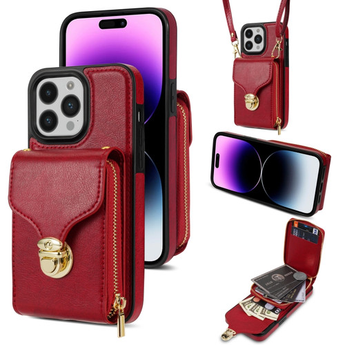 iPhone 14 Pro Max Zipper Hardware Card Wallet Phone Case - Red