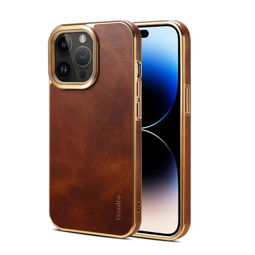 iPhone 14 Pro Max Denior Oil Wax Cowhide Plating Phone Case - Brown