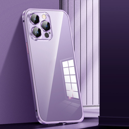 iPhone 14 Pro Max Spring Buckle Metal Transparent Phone Case with Lens Protection - Dark Purple