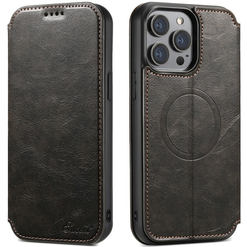 iPhone 14 Pro Max Suteni J05 Leather Magnetic Magsafe Phone Case - Black