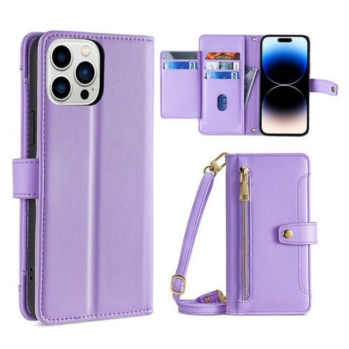 iPhone 14 Pro Max Sheep Texture Cross-body Zipper Wallet Leather Phone Case - Purple