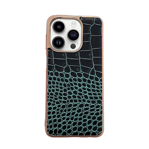 iPhone 14 Pro Max Crocodile Texture Genuine Leather Nano Electroplating Phone Case - Dark Green