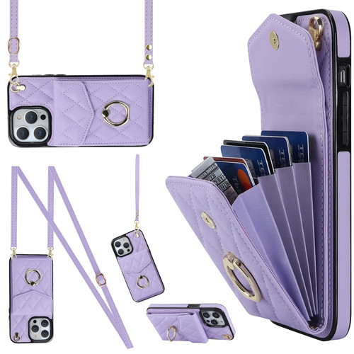 iPhone 14 Pro Max Rhombic Texture Card Bag Phone Case with Long Lanyard - Light Purple