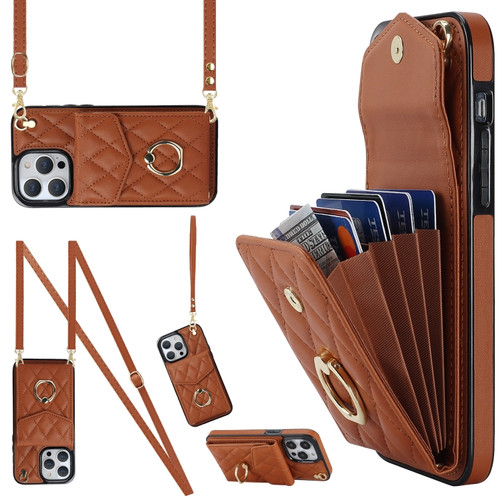 iPhone 14 Pro Max Rhombic Texture Card Bag Phone Case with Long Lanyard - Brown