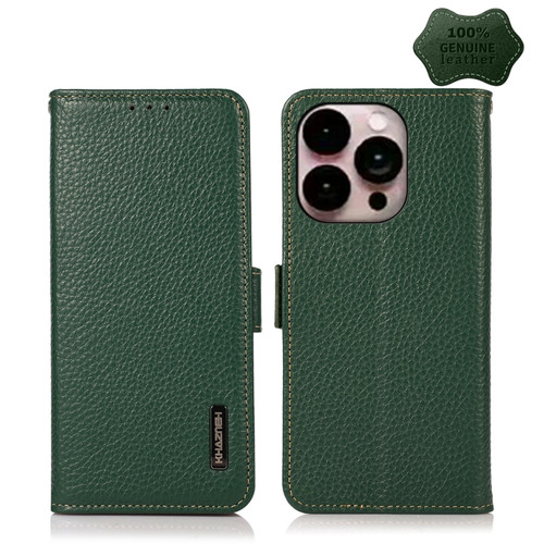 iPhone 14 Pro Max KHAZNEH Side-Magnetic Litchi Genuine Leather RFID Phone Case  - Green