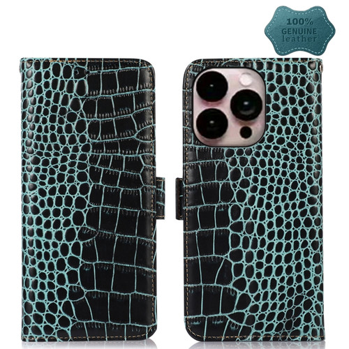iPhone 14 Pro Max Crocodile Top Layer Cowhide Leather Phone Case  - Green